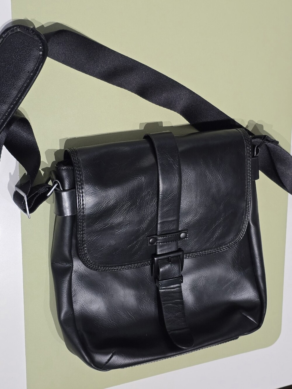 Black Leather Crossbody Messenger Bag With Flapover